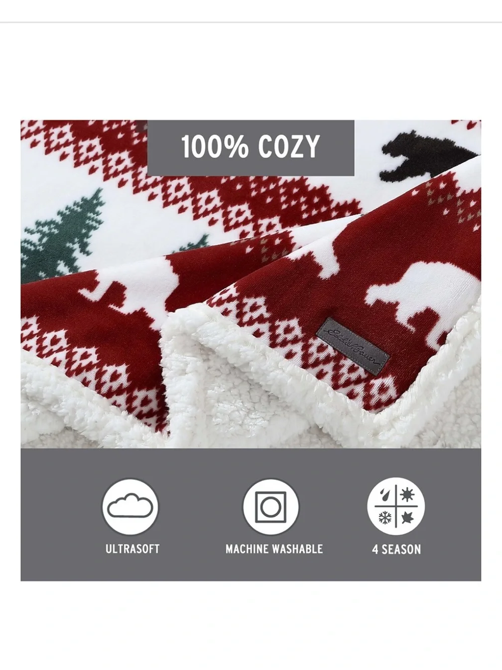 Eddie Bauer Red White Green Bear & Tree Grizzly Peak Sherpa Throw Blanket